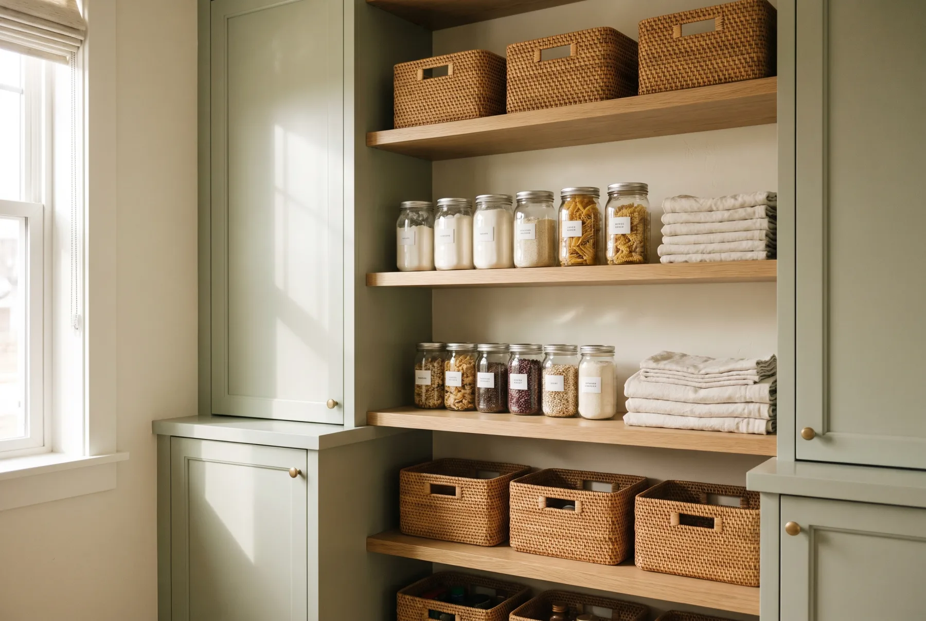 A softly lit, neatly organized pantry with matching woven baskets and labeled glass jars